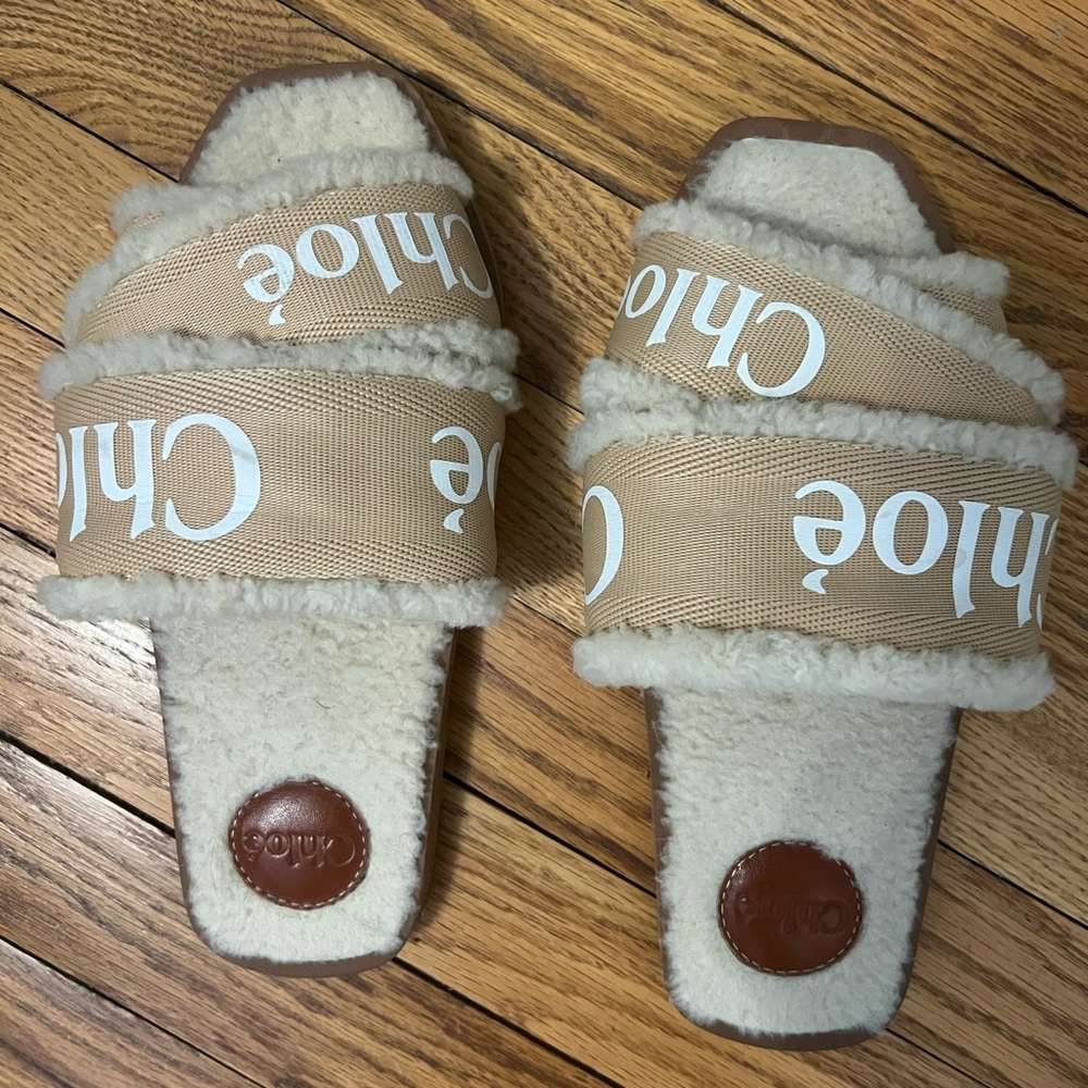 Chloé Shearling Slides with Logo Straps